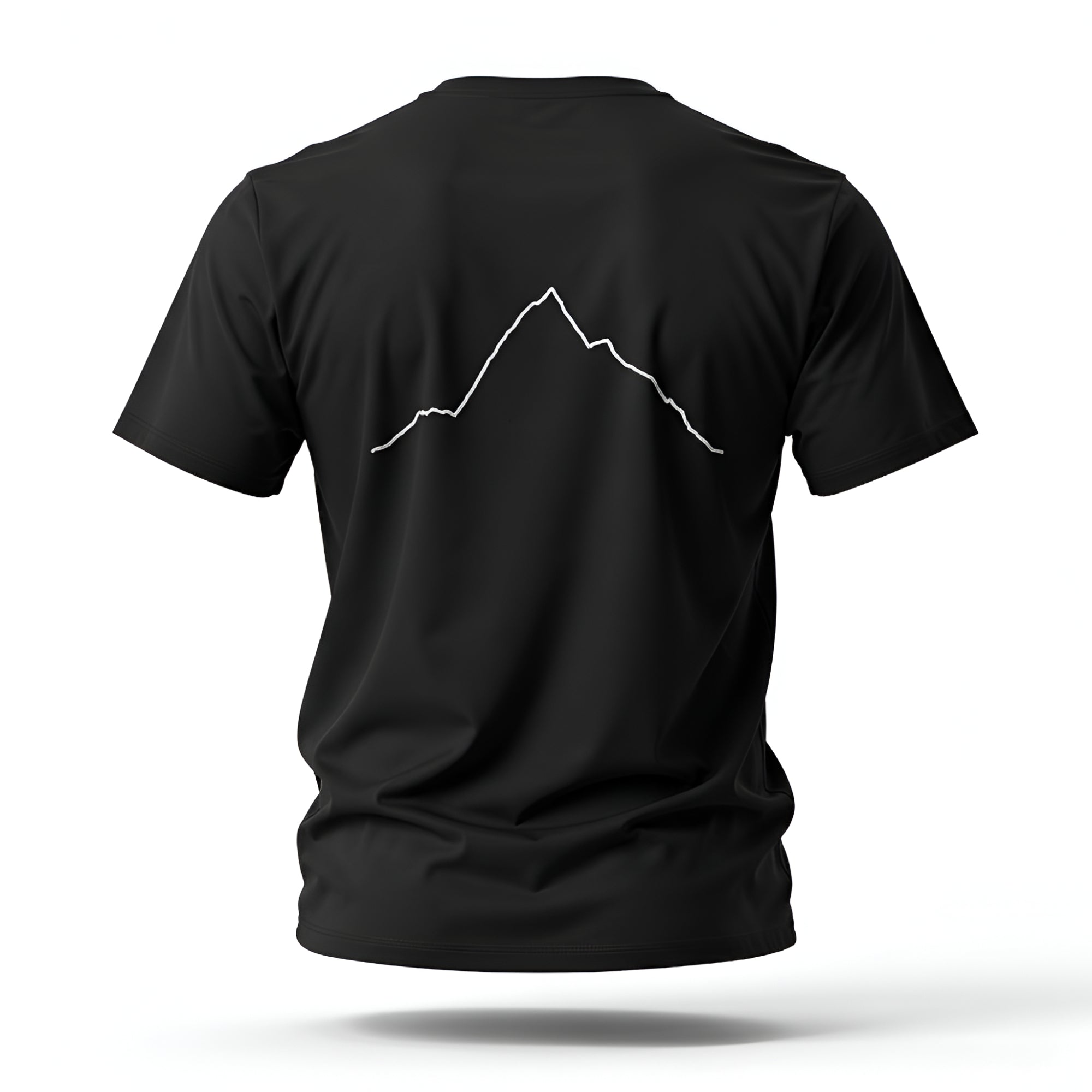 Black t-shirt with a white custom Strava route print art design on the back against a white background