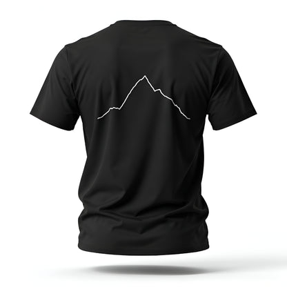 Black t-shirt with a white custom Strava route print art design on the back against a white background