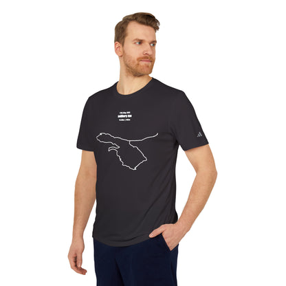 Man wearing a black t-shirt with a white custom Strava route print art design on a white background