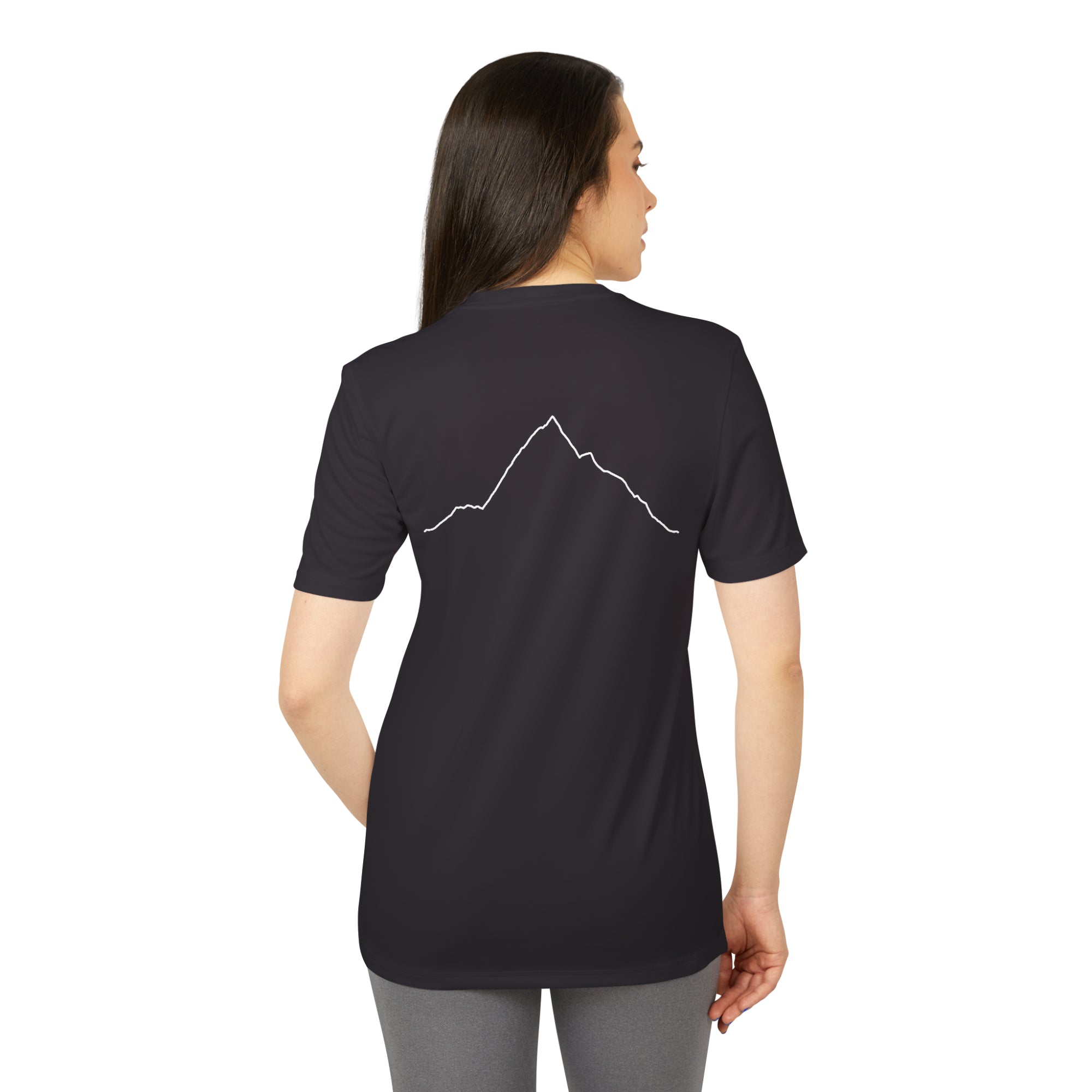 Person wearing a black t-shirt with a custom Strava route print art design on the back, standing against a white background