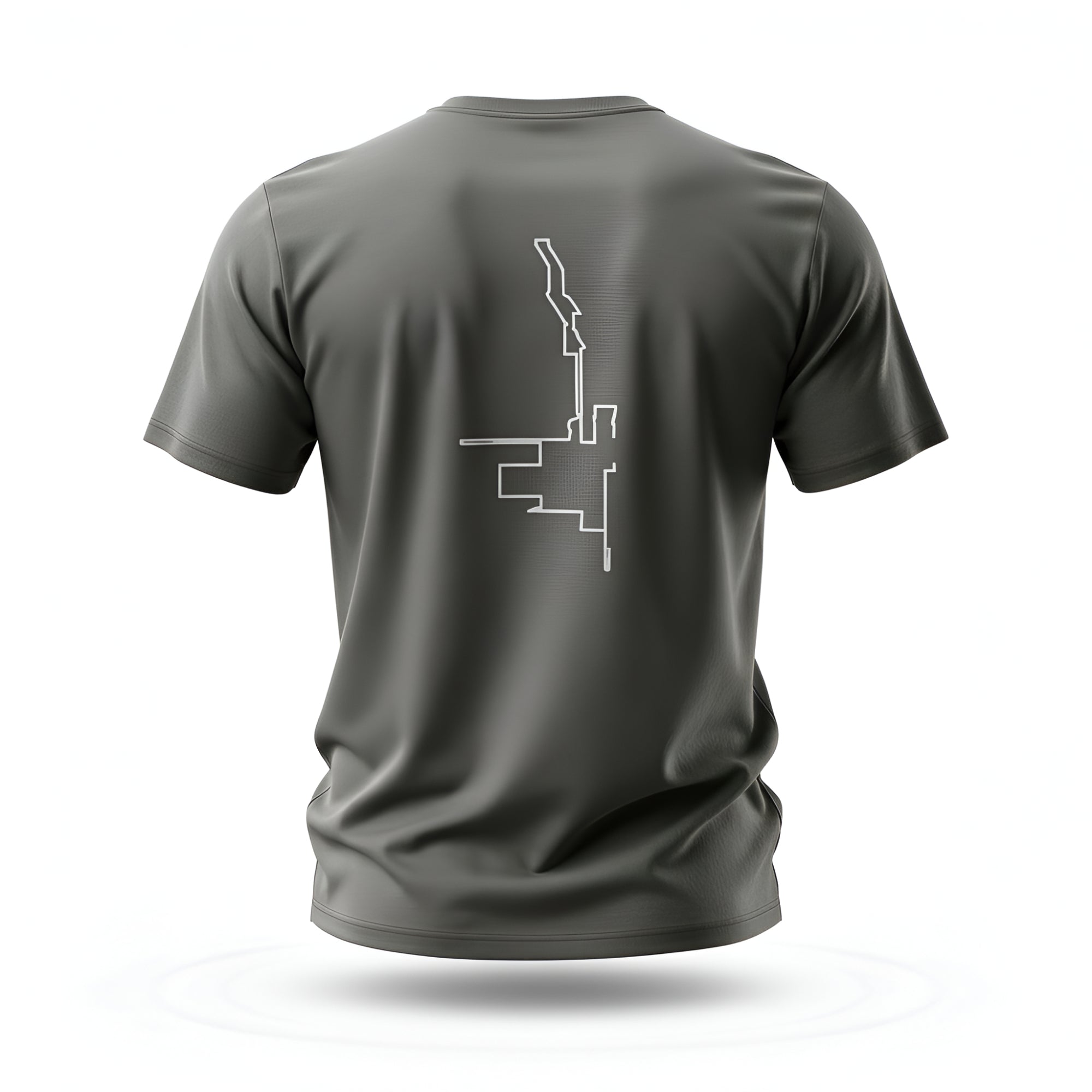 Gray t-shirt with a white custom Strava route print art on the back against a white background