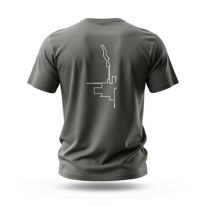 Gray t-shirt with a white custom Strava route print art on the back against a white background