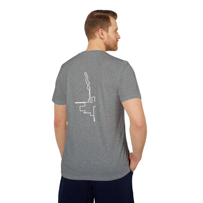 Man wearing a gray t-shirt with a white custom Strava route print art on the back, standing against a white background