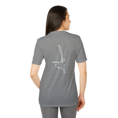 Woman wearing a gray t-shirt with a white custom Strava route print art on the back, standing against a white background