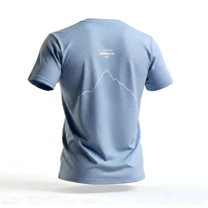 Light blue t-shirt with custom Strava route print art design on the back against a white background