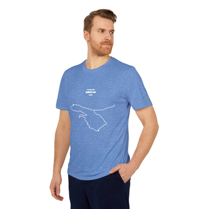 Man wearing a blue t-shirt with a white custom Strava route print art on a white background