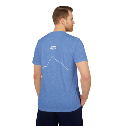 Man wearing a blue t-shirt with a custom Strava route print art graphic on the back, standing against a white background