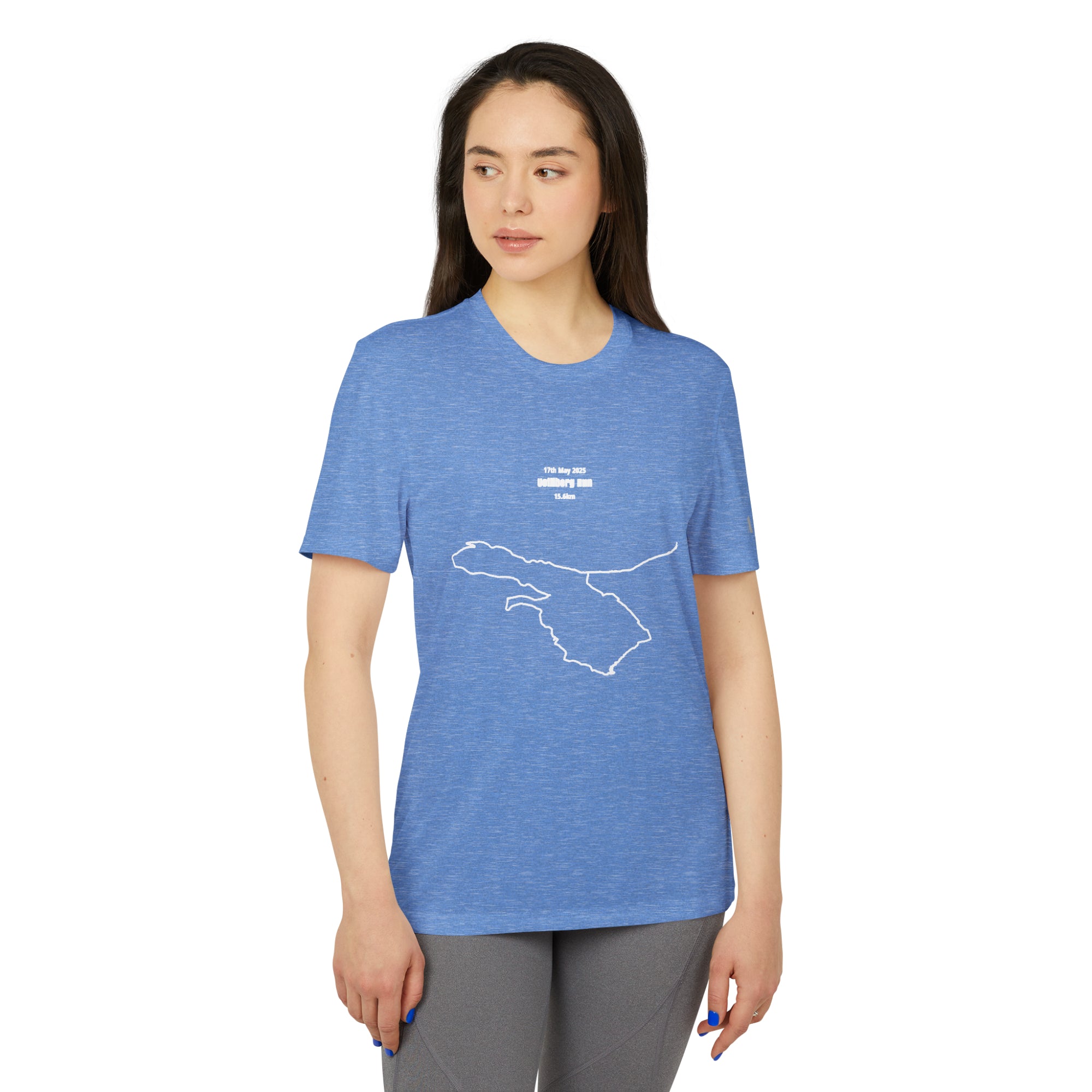 Woman wearing a blue t-shirt with a white custom Strava route print art design on a white background