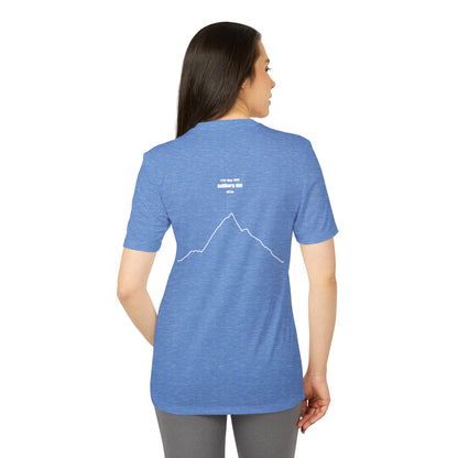 Woman wearing a blue t-shirt with a custom Strava route print art design on the back, standing against a white background