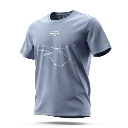 Blue t-shirt with a white custom Strava route print art design on a white background