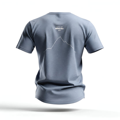 Gray t-shirt with custom Strava route print art design on the back against a white background