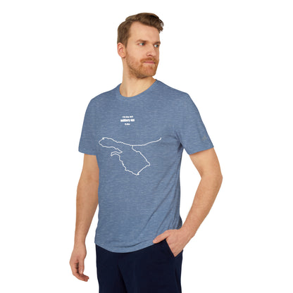 Man wearing a blue t-shirt with a custom Strava route print art design on a white background