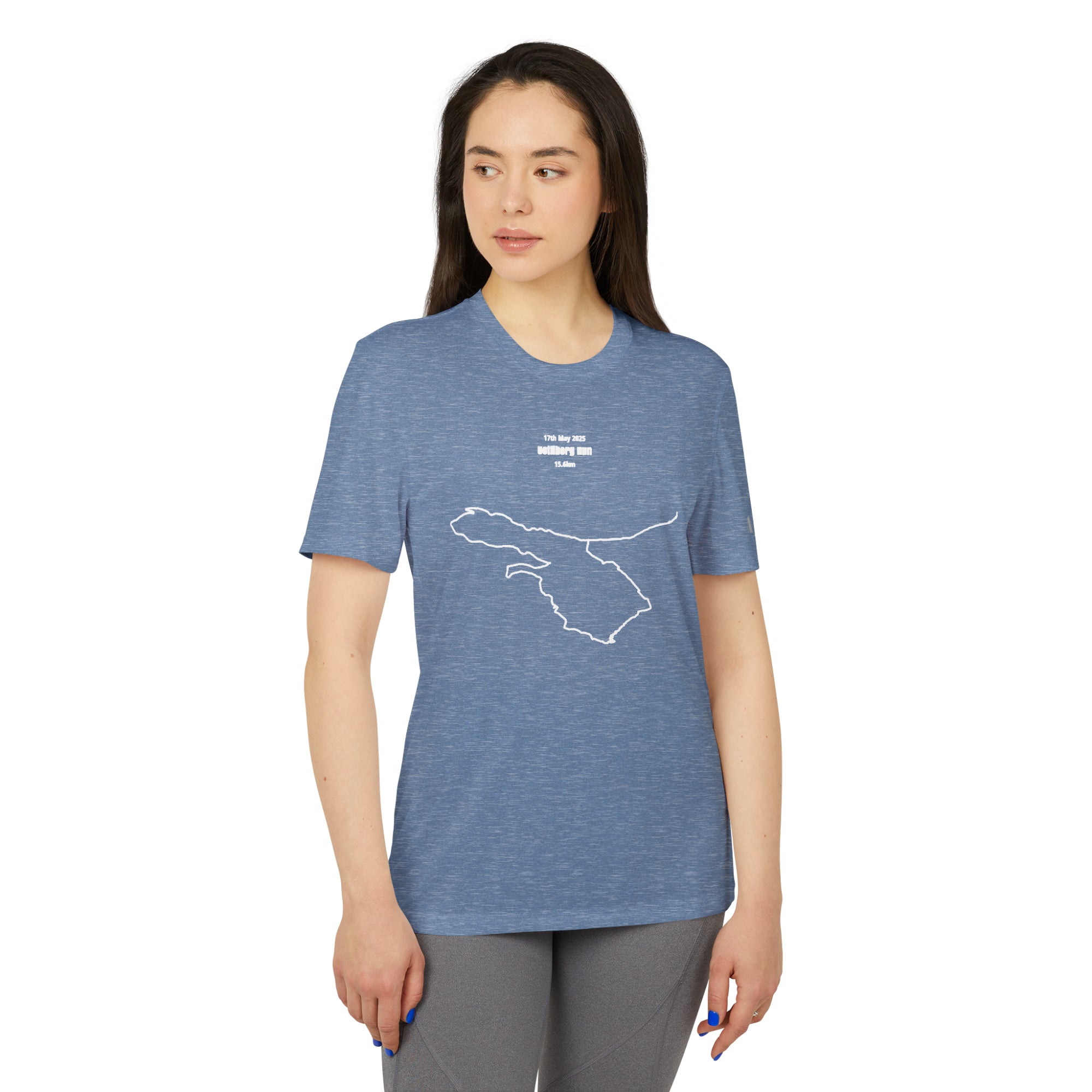 Woman wearing a blue t-shirt with a white custom Strava route print art design on a white background