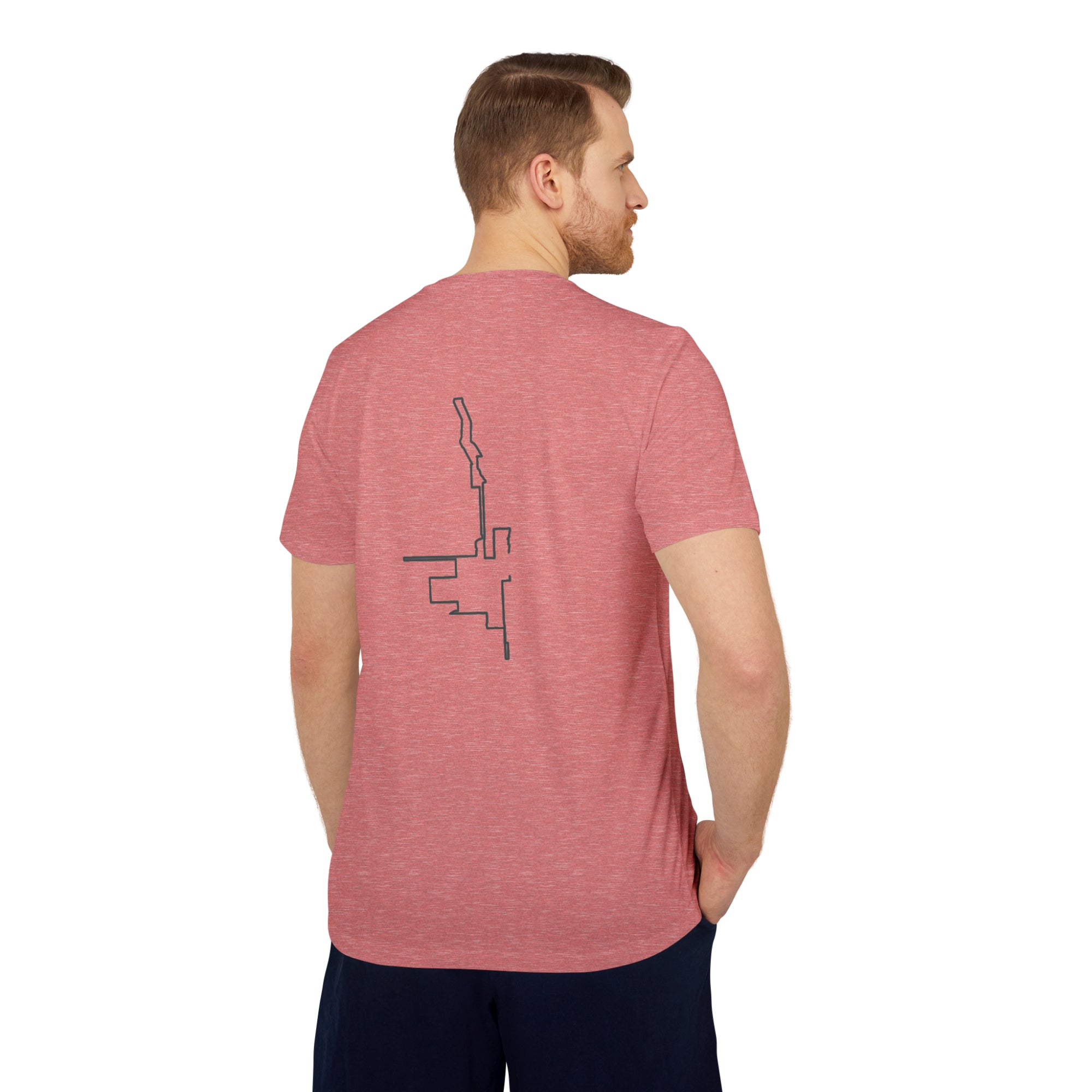 Man wearing a red t-shirt with a custom Strava route print art design on the back, standing against a white background