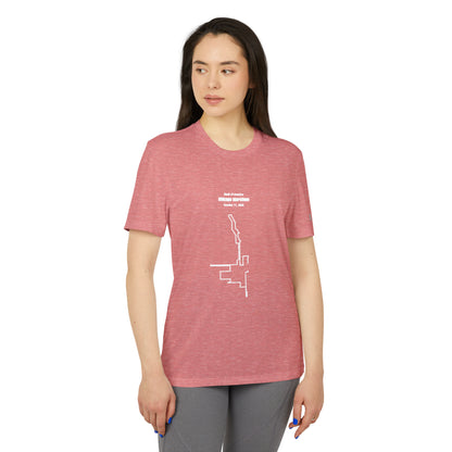 Woman wearing a red t-shirt with a white custom Strava route print art design on a white background