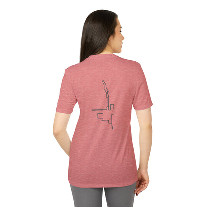 Woman wearing a red t-shirt with a black custom Strava route print art design on the back, standing against a white background