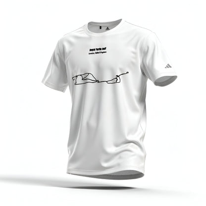White t-shirt with black custom Strava route print art design on a white background