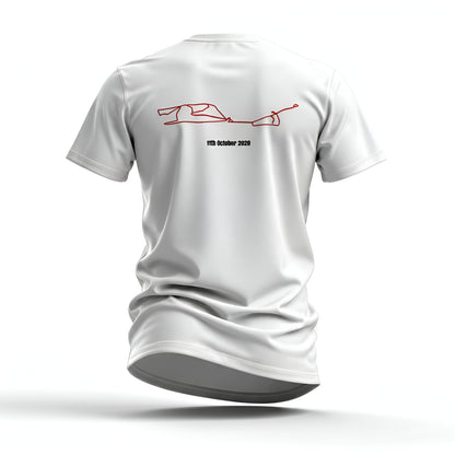 White t-shirt with a red custom Strava route print art design on the back against a white background