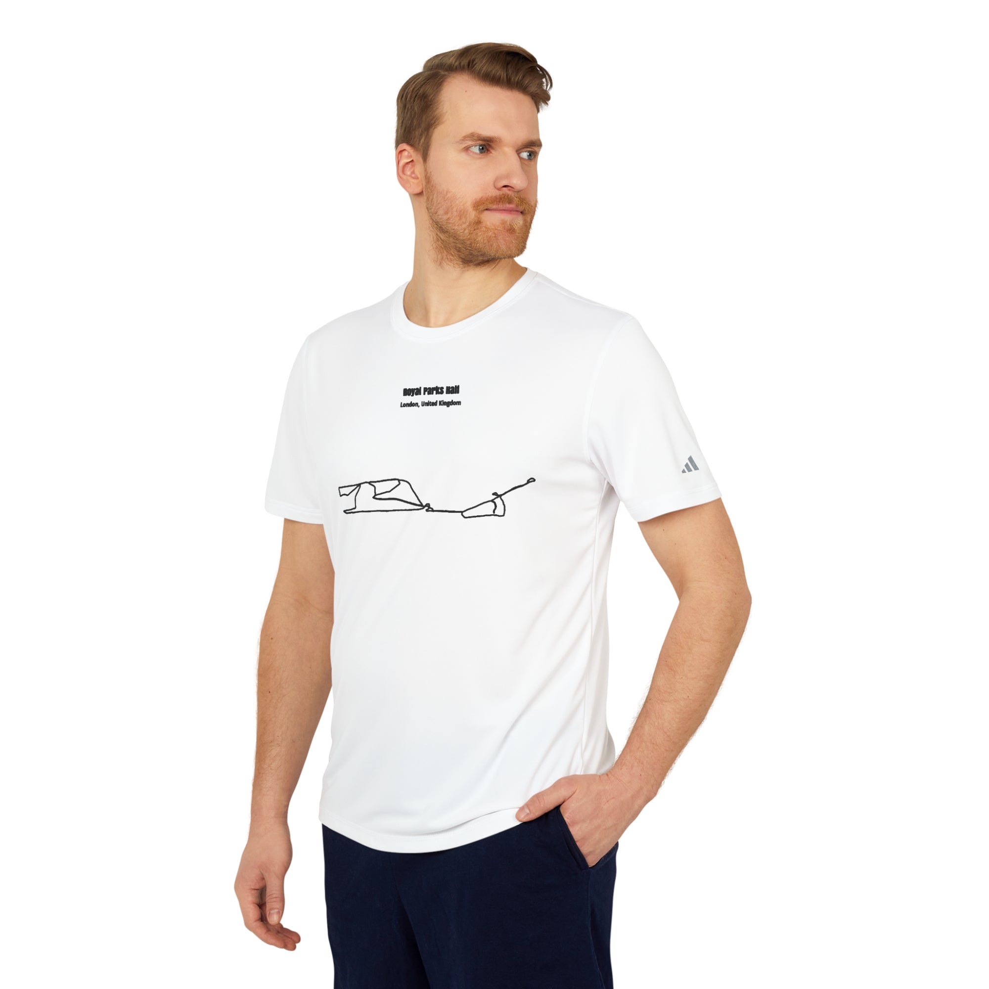 Man wearing a white t-shirt with a custom Strava route print art design on a white background