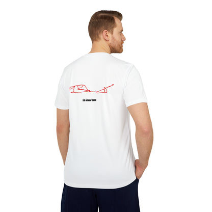 Man wearing a white t-shirt with a red custom Strava route print art on the back, standing against a white background