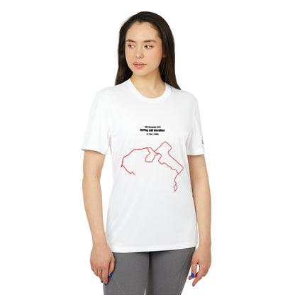 Woman wearing a white t-shirt with a red custom Strava route print art design on a white background