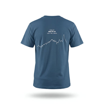 Blue t-shirt with custom Strava route print art design on the back against a white background