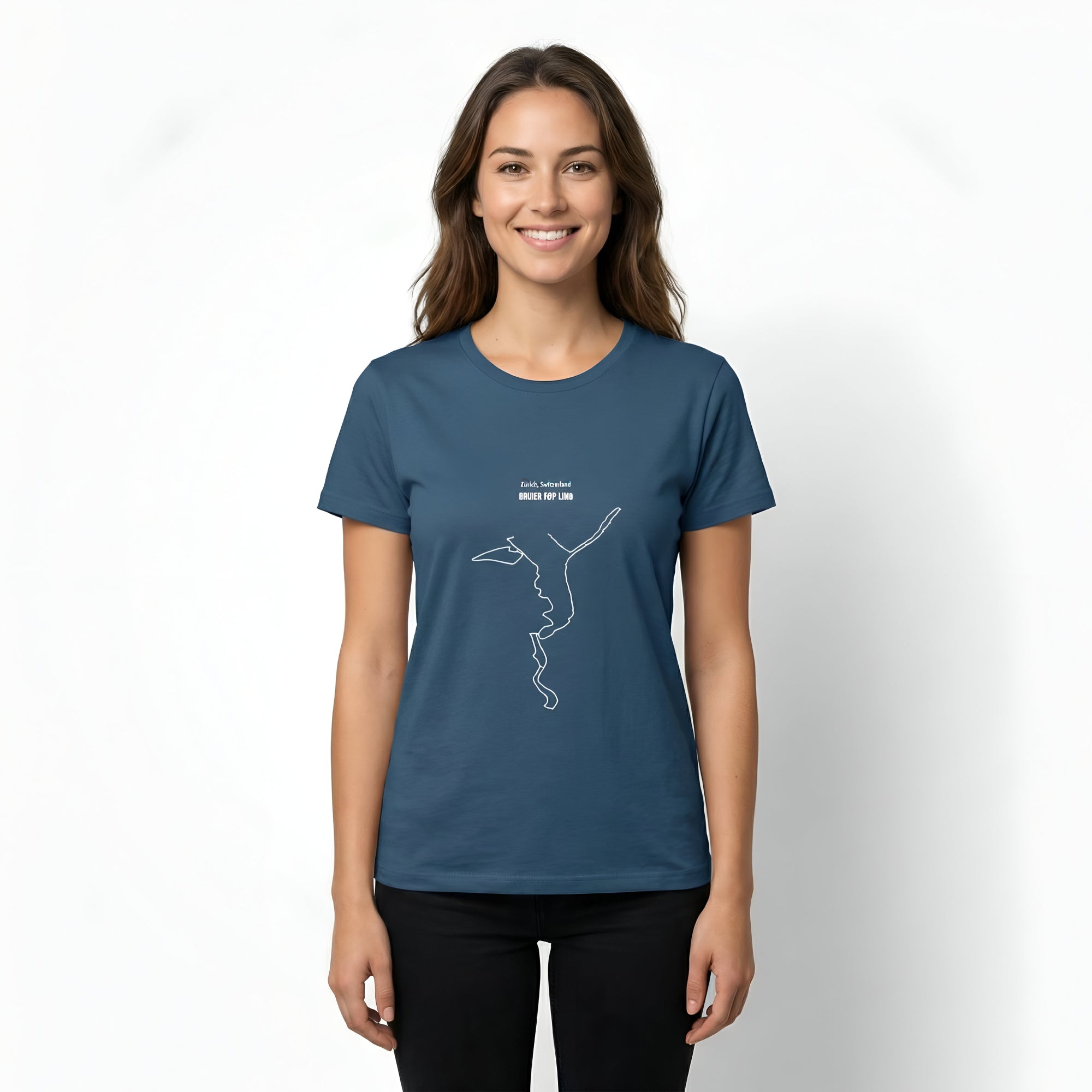 Woman wearing a blue t-shirt with a white custom Strava route print art design on a white background
