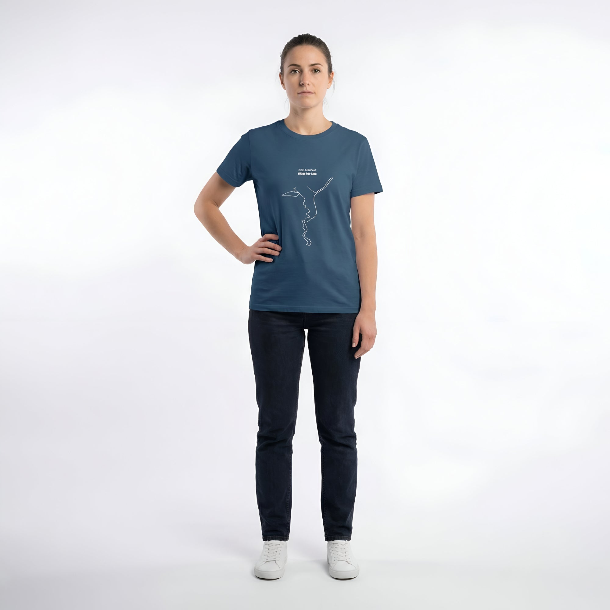 Woman wearing a blue t-shirt with a white custom Strava route print art design on a white background