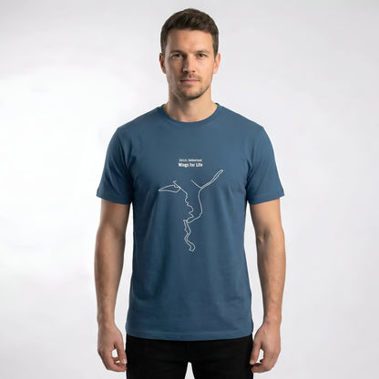 Man wearing a blue t-shirt with a white custom Strava route print art design on a white background