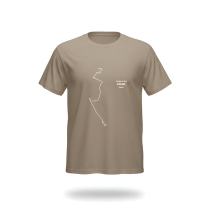 Brown t-shirt with a white custom Strava route print art design on a white background