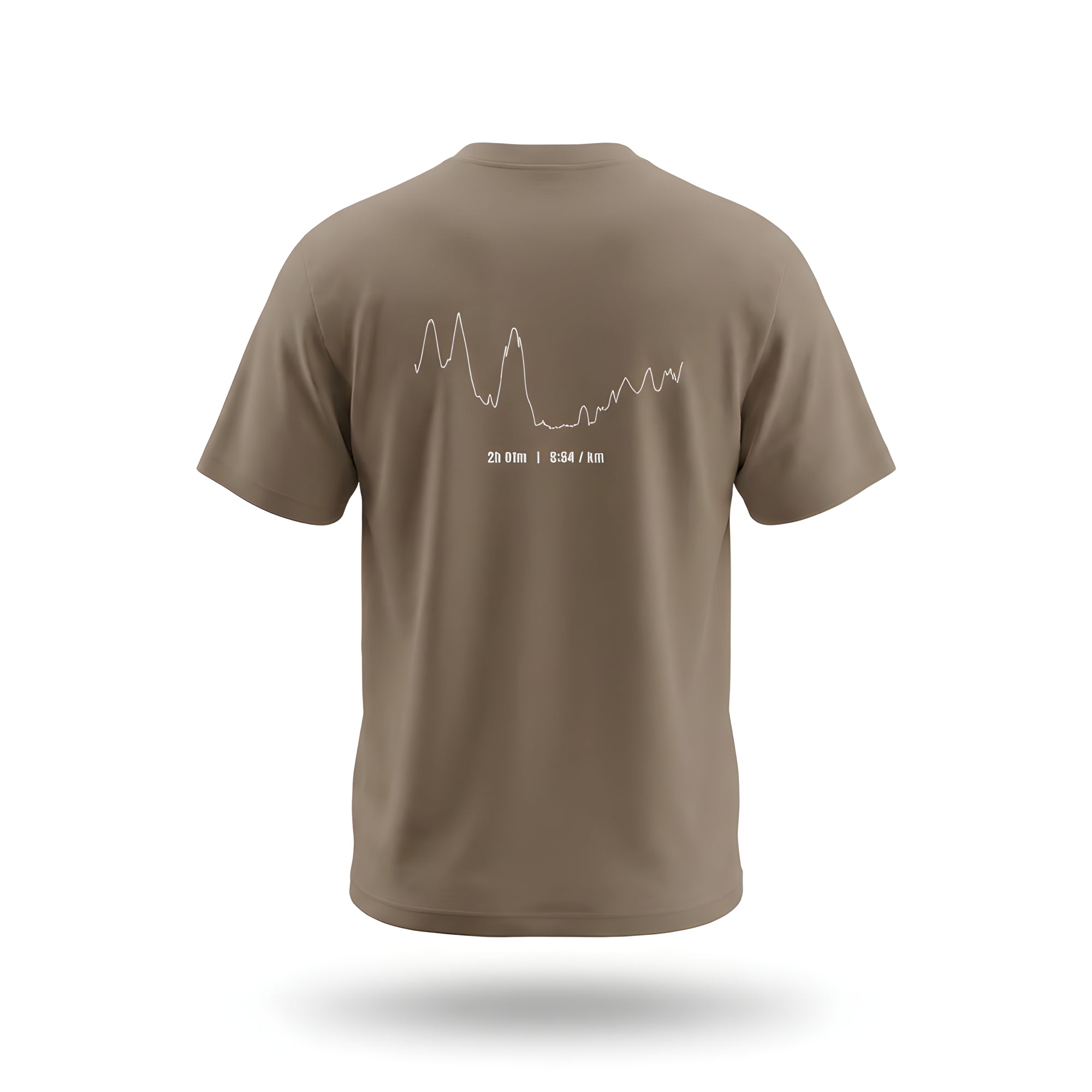 Brown t-shirt with custom Strava route print art design on the back against a white background