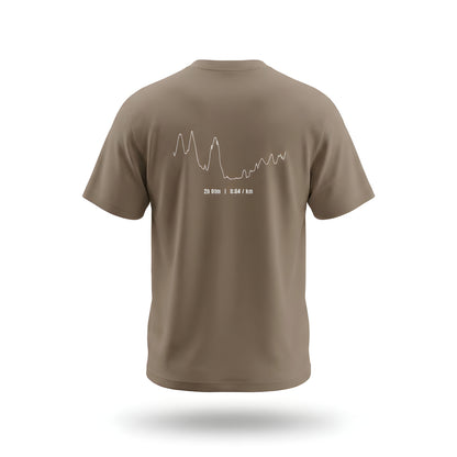 Brown t-shirt with custom Strava route print art design on the back against a white background