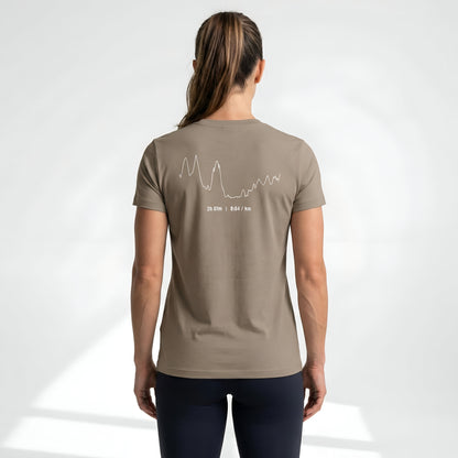 Person wearing a brown t-shirt with a custom Strava route print art design on the back against a white background