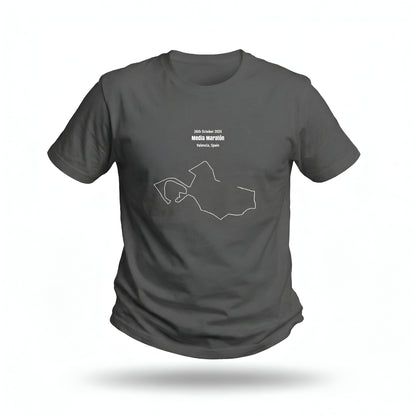 Dark grey t-shirt with white custom Strava route print art design on a white background