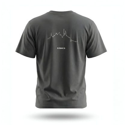 Dark grey t-shirt with custom Strava route print art design on the back against a white background