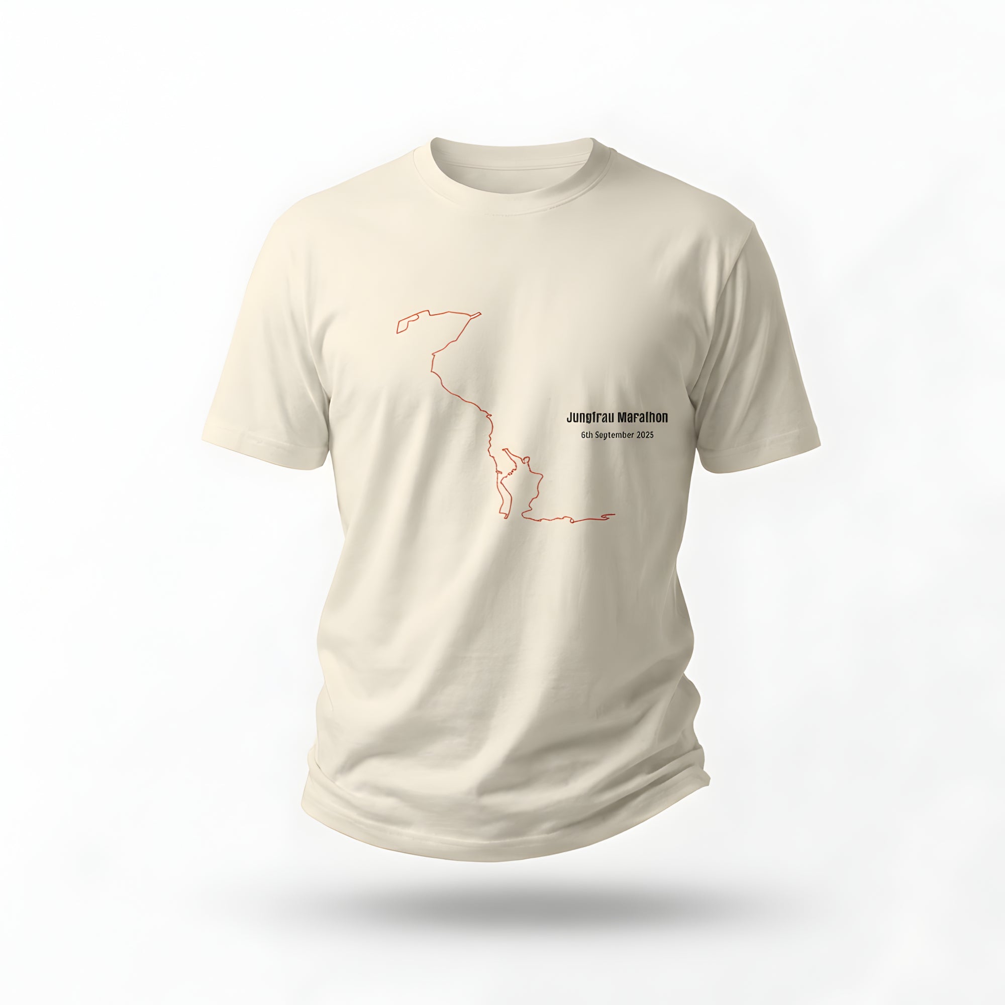 Light beige t-shirt with orange custom Strava route print art design on a white background