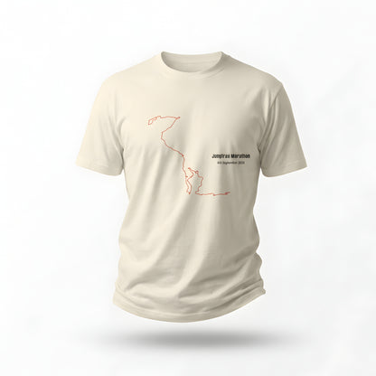 Light beige t-shirt with orange custom Strava route print art design on a white background