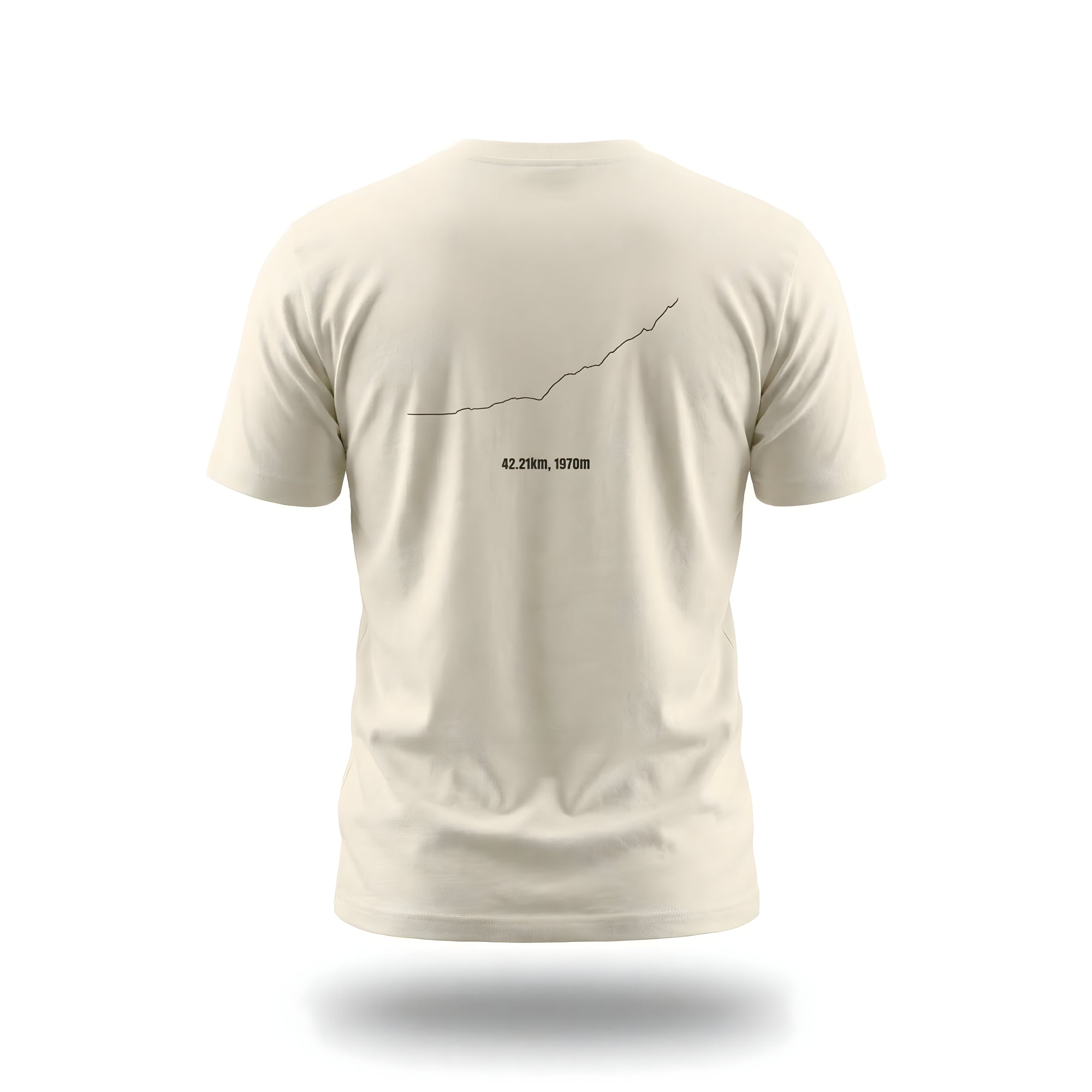 Light beige t-shirt with custom Strava route print art design on the back against a white background