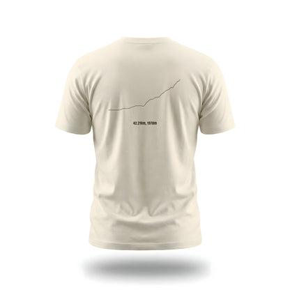 Light beige t-shirt with custom Strava route print art design on the back against a white background