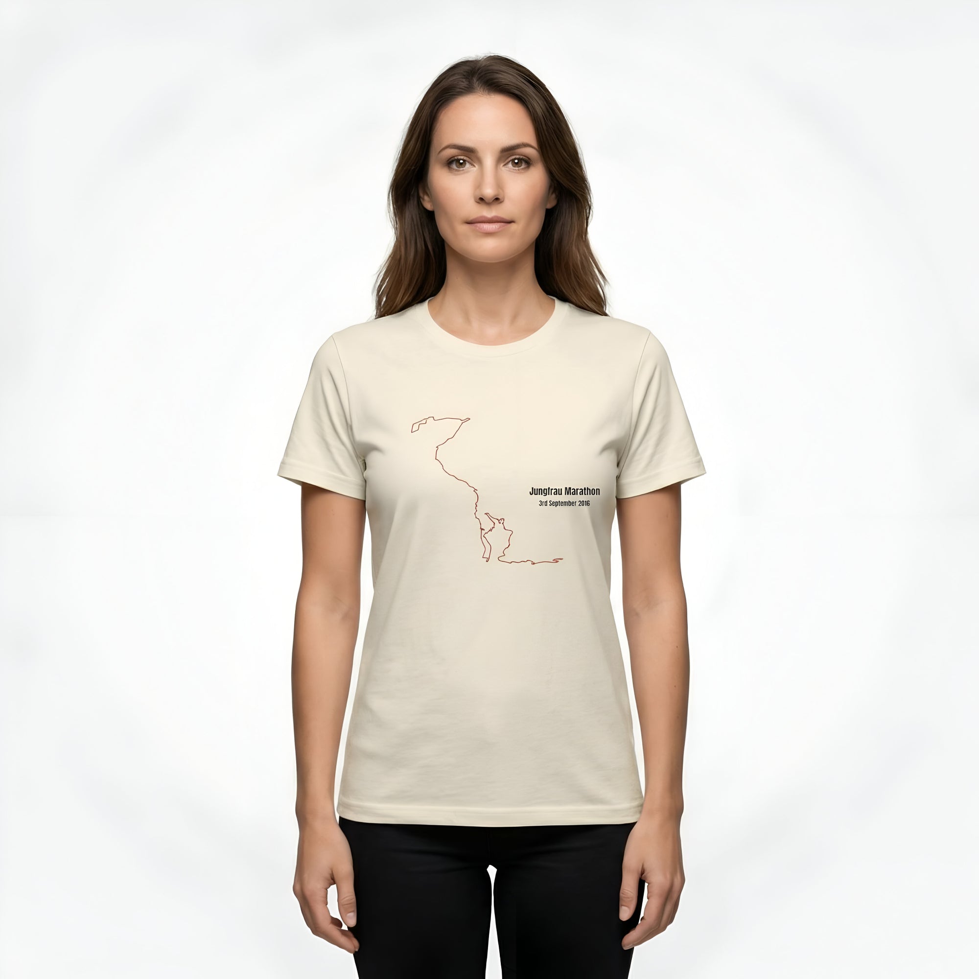 Woman wearing a light beige t-shirt with a black custom Strava route print art design on a white background