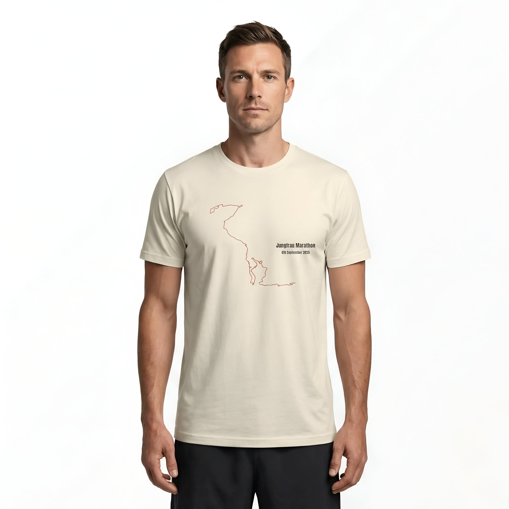 Man wearing a light beige t-shirt with a black custom Strava route print art design on a white background