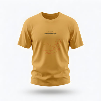 Orange t-shirt with orange custom Strava route print art design on a white background