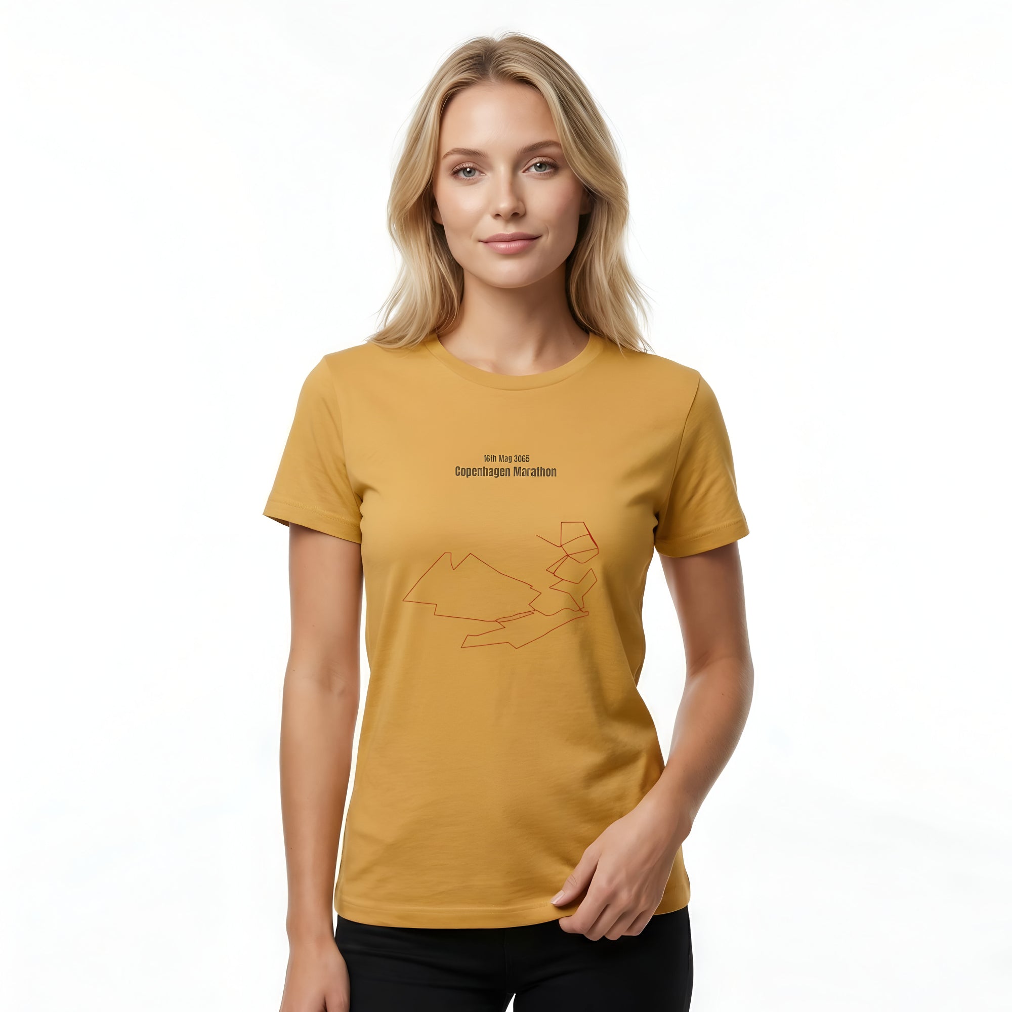 Person wearing a mustard yellow t-shirt with custom Strava route print art design on a white background