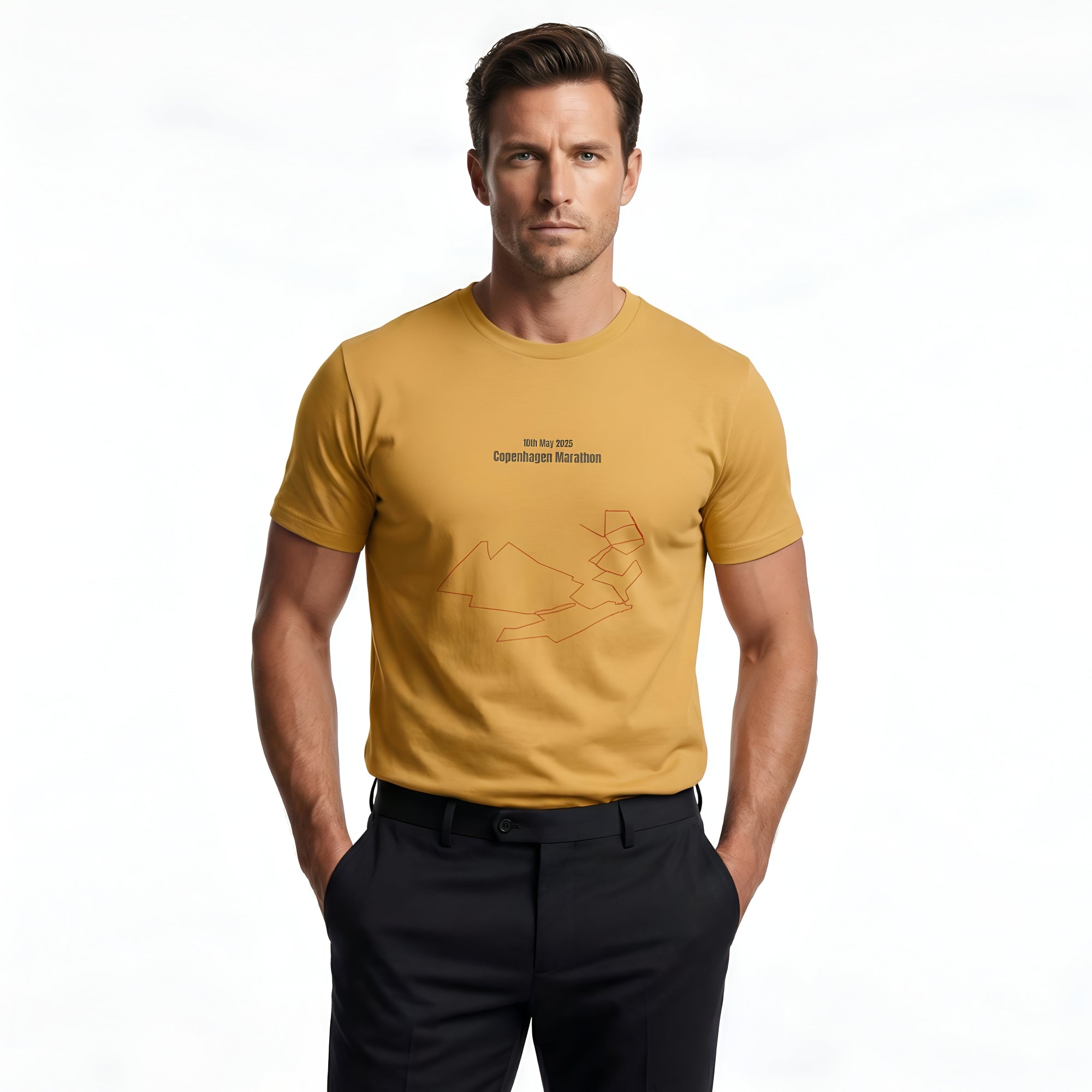Man wearing a mustard yellow t-shirt with text and custom Strava route print art design on a white background