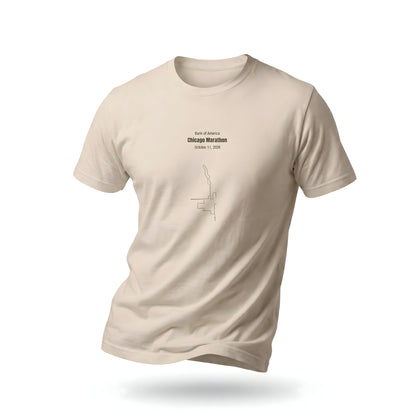Beige t-shirt with a custom Strava route print art design and text on a white background