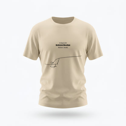 Beige t-shirt with black text and custom Strava route print art design on a white background