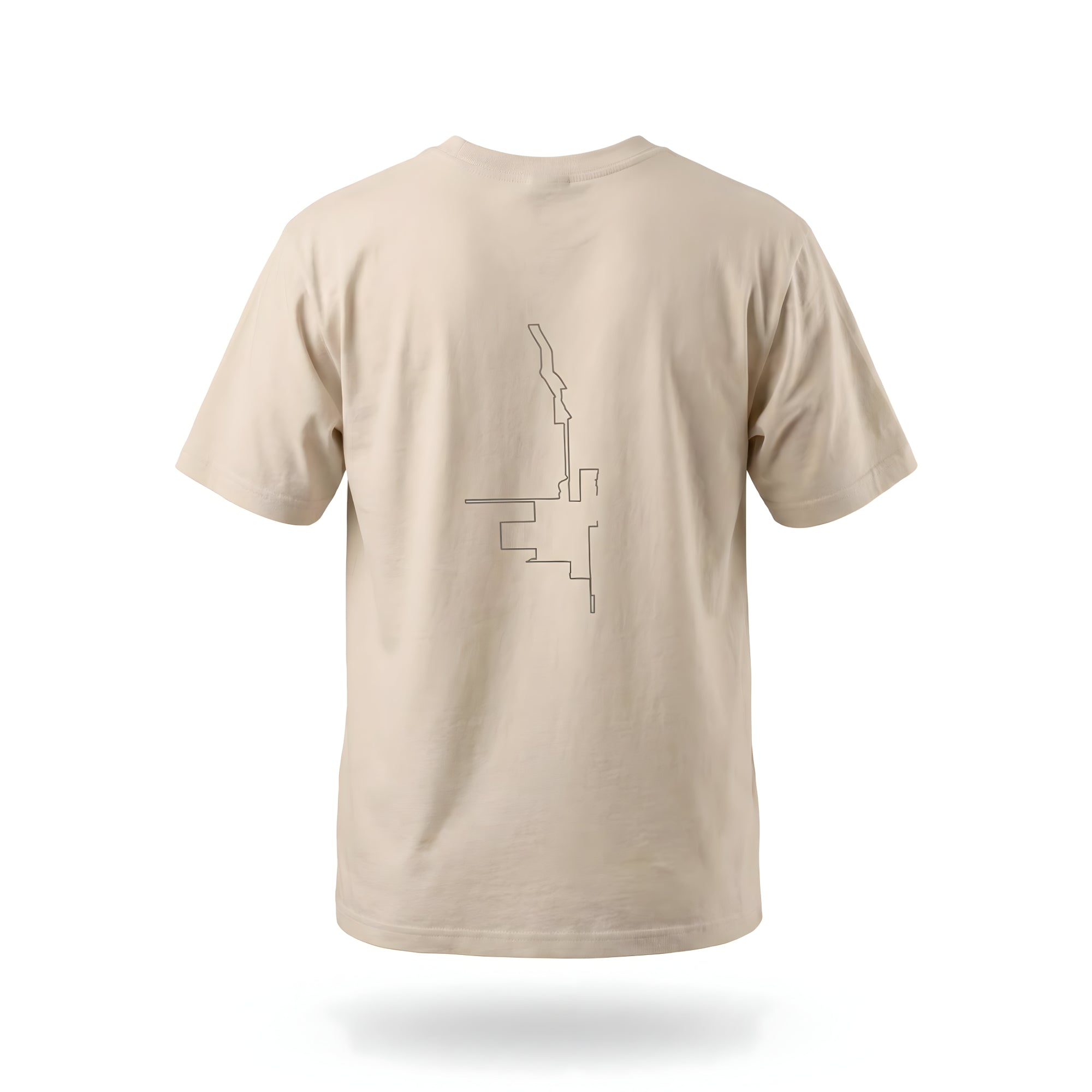 Beige t-shirt with custom Strava route print art design on the back against a white background