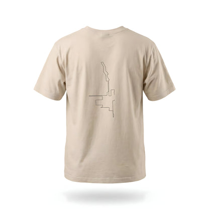 Beige t-shirt with custom Strava route print art design on the back against a white background