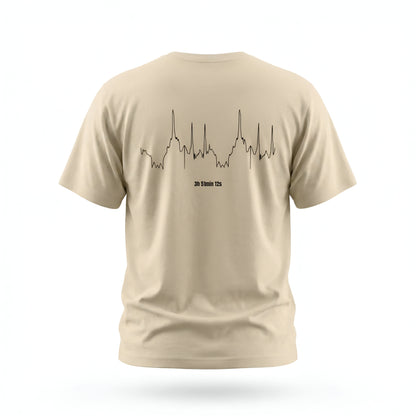 Beige t-shirt with a custom Strava route print art design on the back against a white background