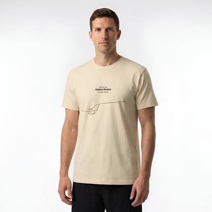 Man wearing a beige t-shirt with a custom Strava route print art design on a white background